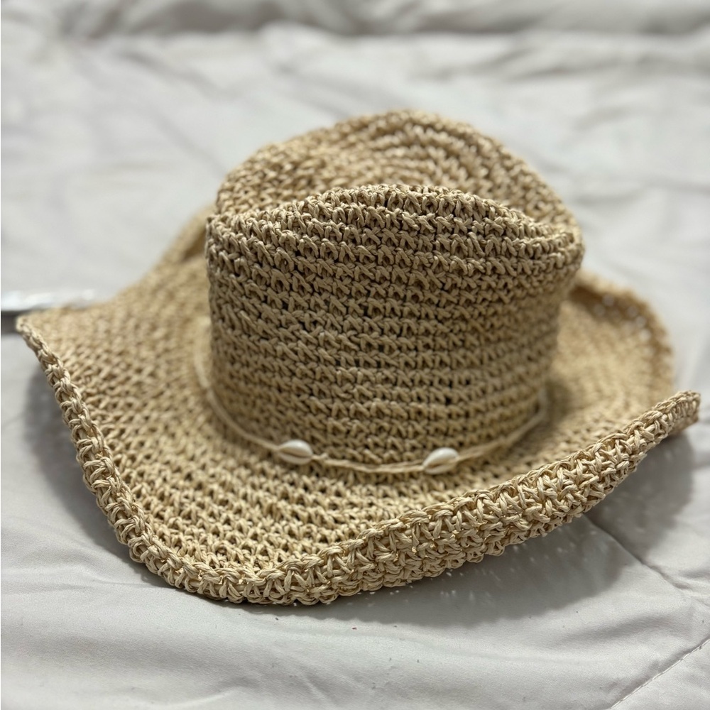 Hollister Tan Straw Beach Hat with Shells
